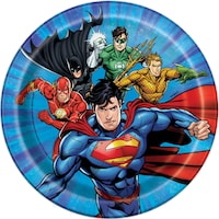 Justice League Round Paper Disposable Dessert Plates, Multi-Coloured, 7-in, 8-pk, for Birthday Party Overhead_Flat