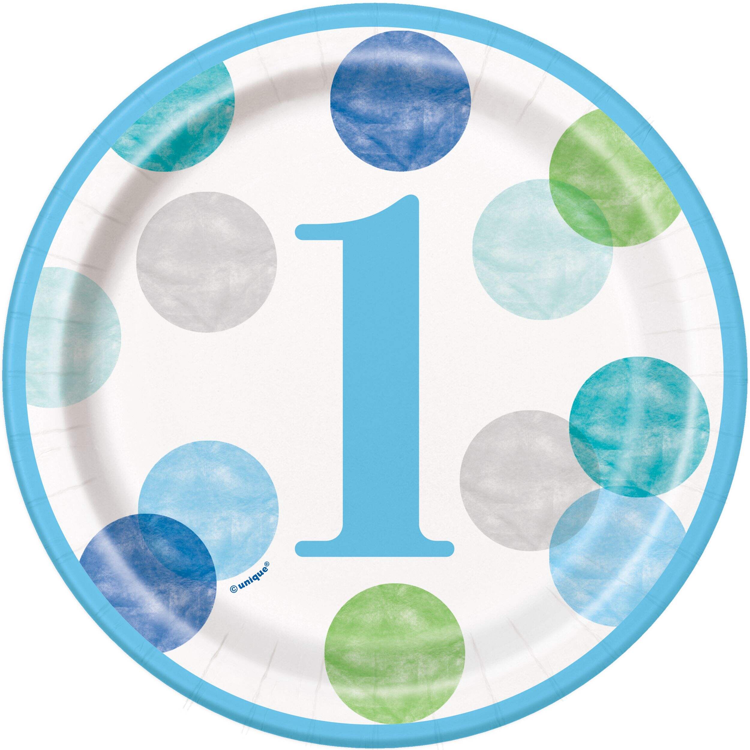 1st Birthday 7-in Blue Dots Dessert/Serving Plates, 8-pk Overhead_Flat
