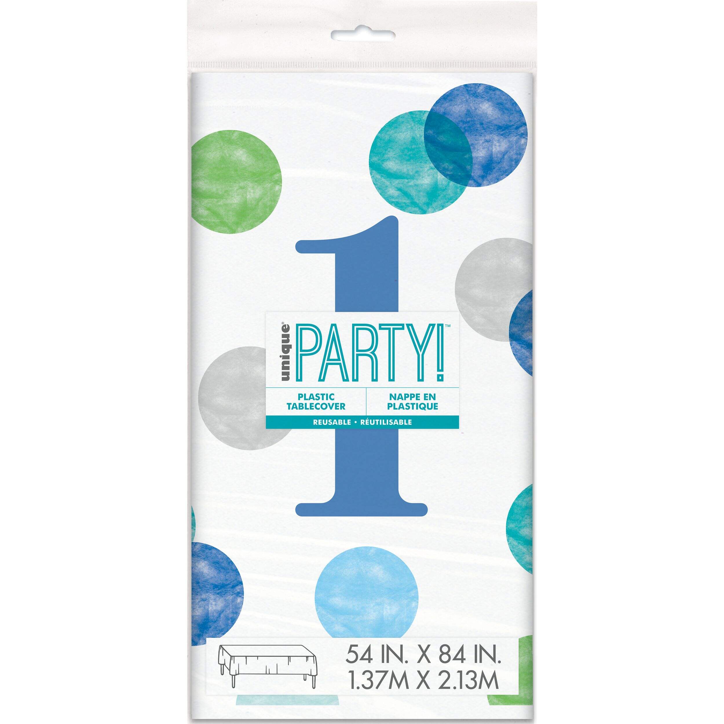 1st Birthday 54x84-in Blue Dots Plastic Table Cover Front_Flat
