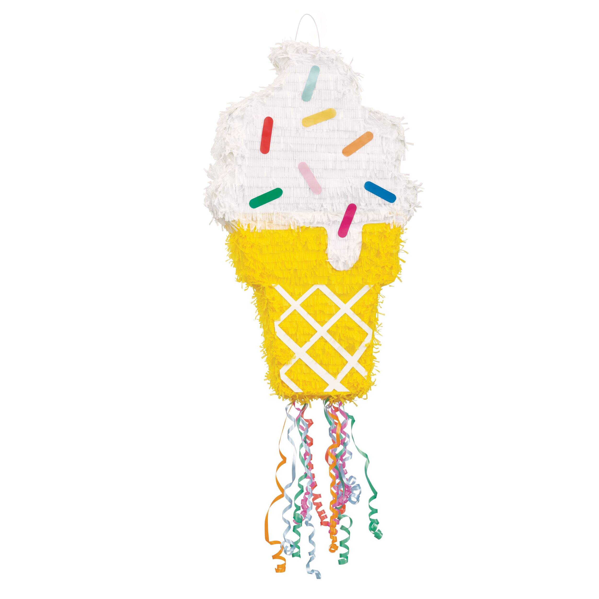 Ice Cream Cone Drum Pinata Hanging Pull String Decoration, Multi-Coloured, Holds 2-lb of Pinata Filler, for Birthday Parties Front_Angled_Right