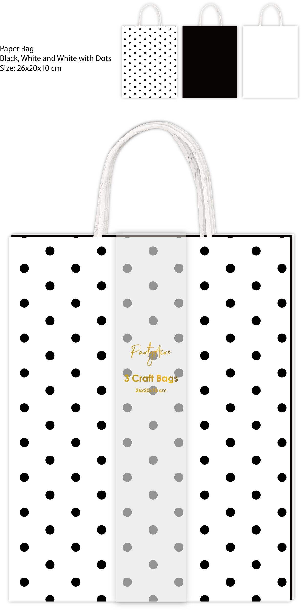 PartyAire Black/White Kraft Bag with Twisted Handles, 3-pk Front_Flat