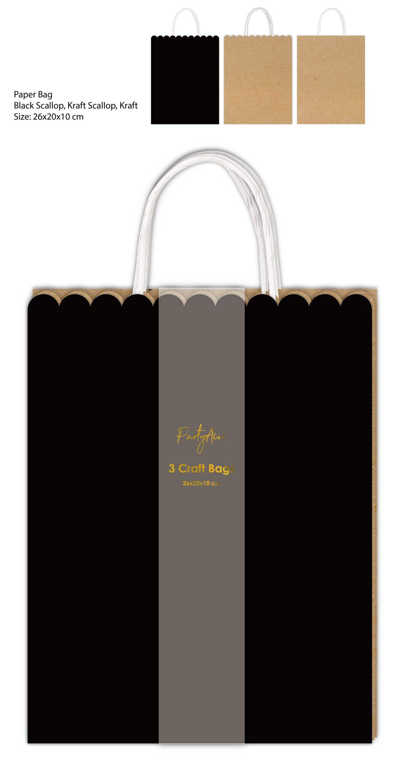 PartyAire Scalloped Kraft Bags with Reinforced Handles, 3-pk Front_Flat