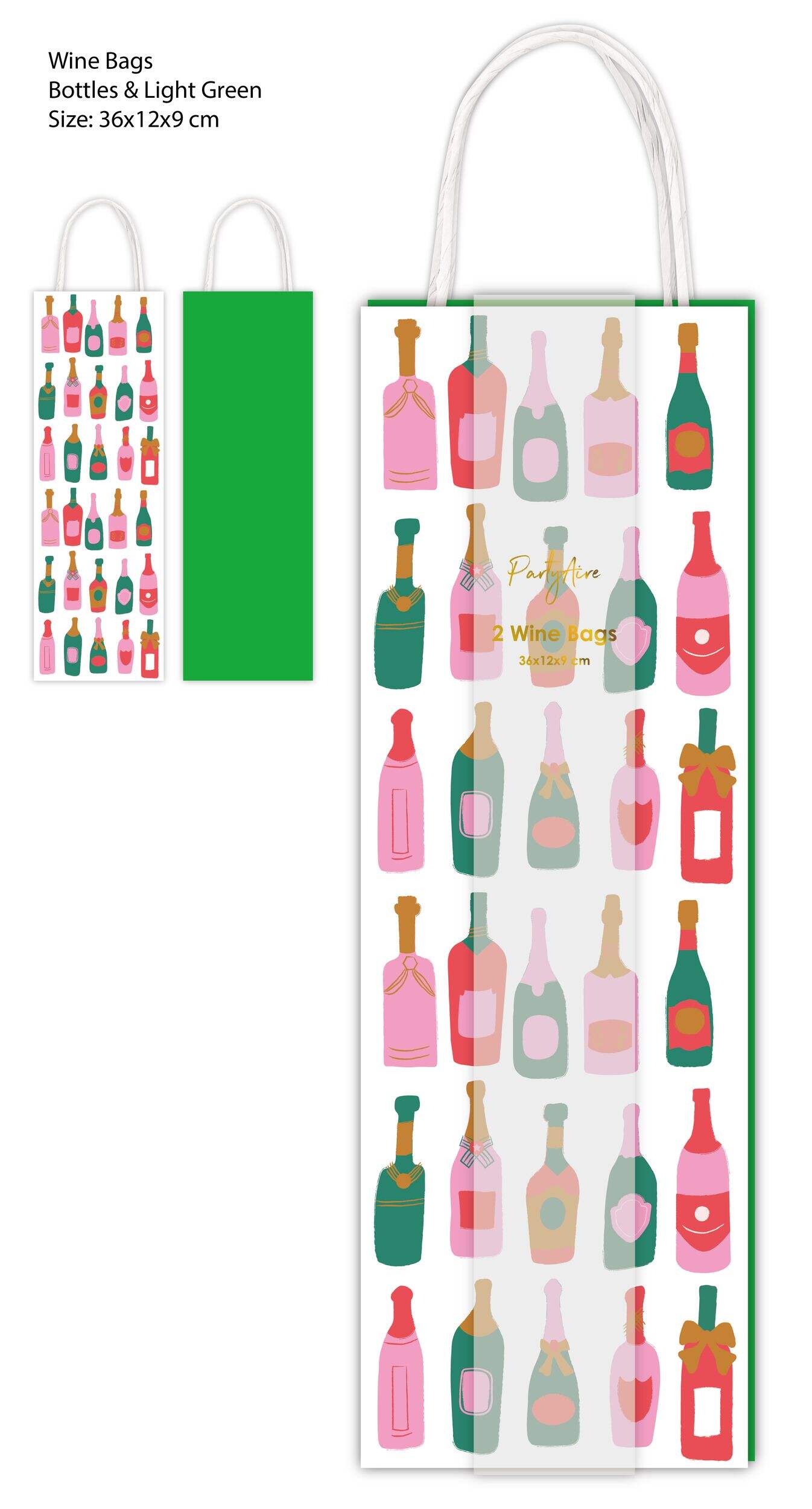 PartyAire Light Green Wine Bag with Reinforced Handles, 2-pc Front_Flat