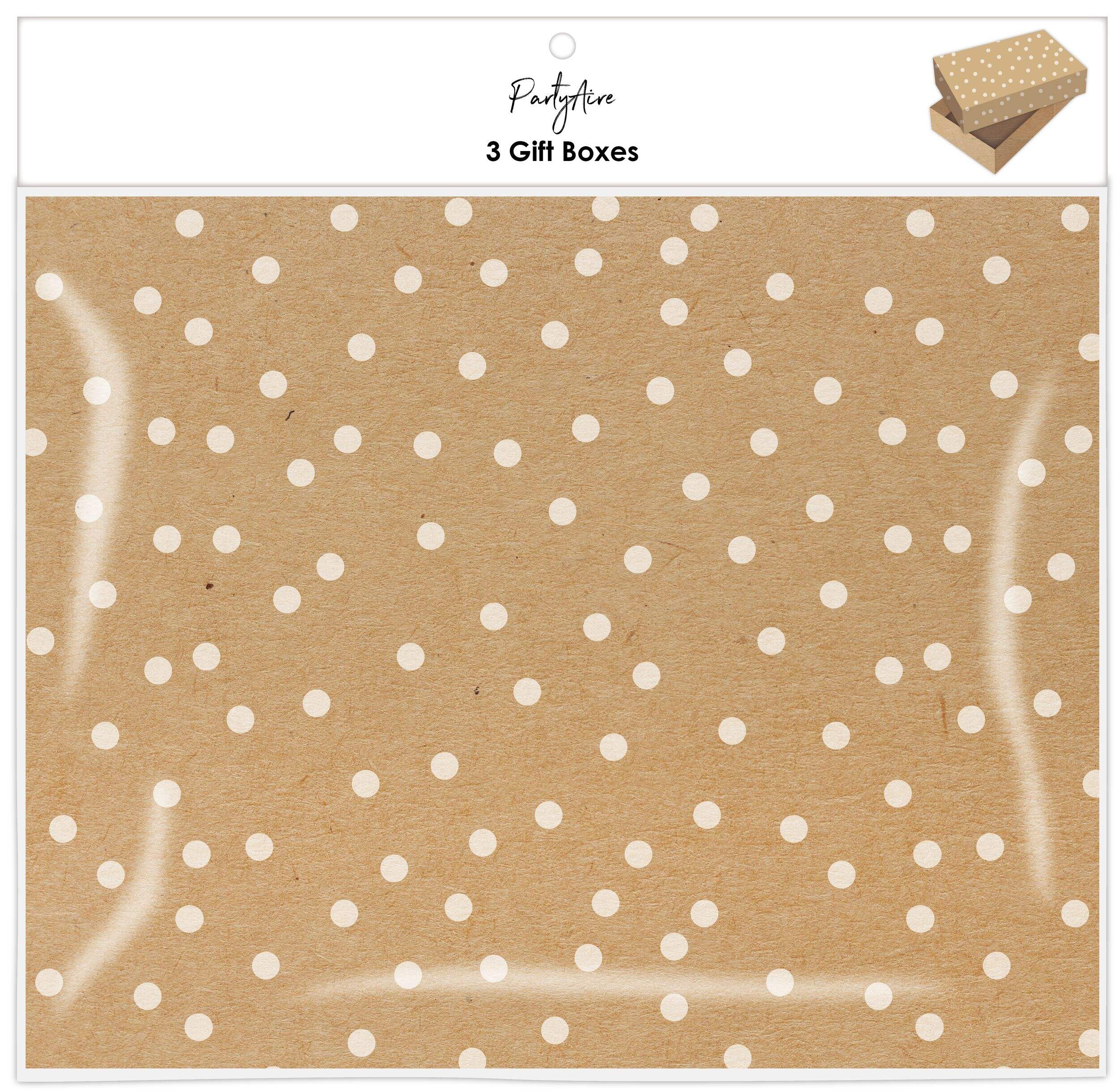 PartyAire Medium White/Kraft Brown Dots Gift Box, 3-pk CloseUp