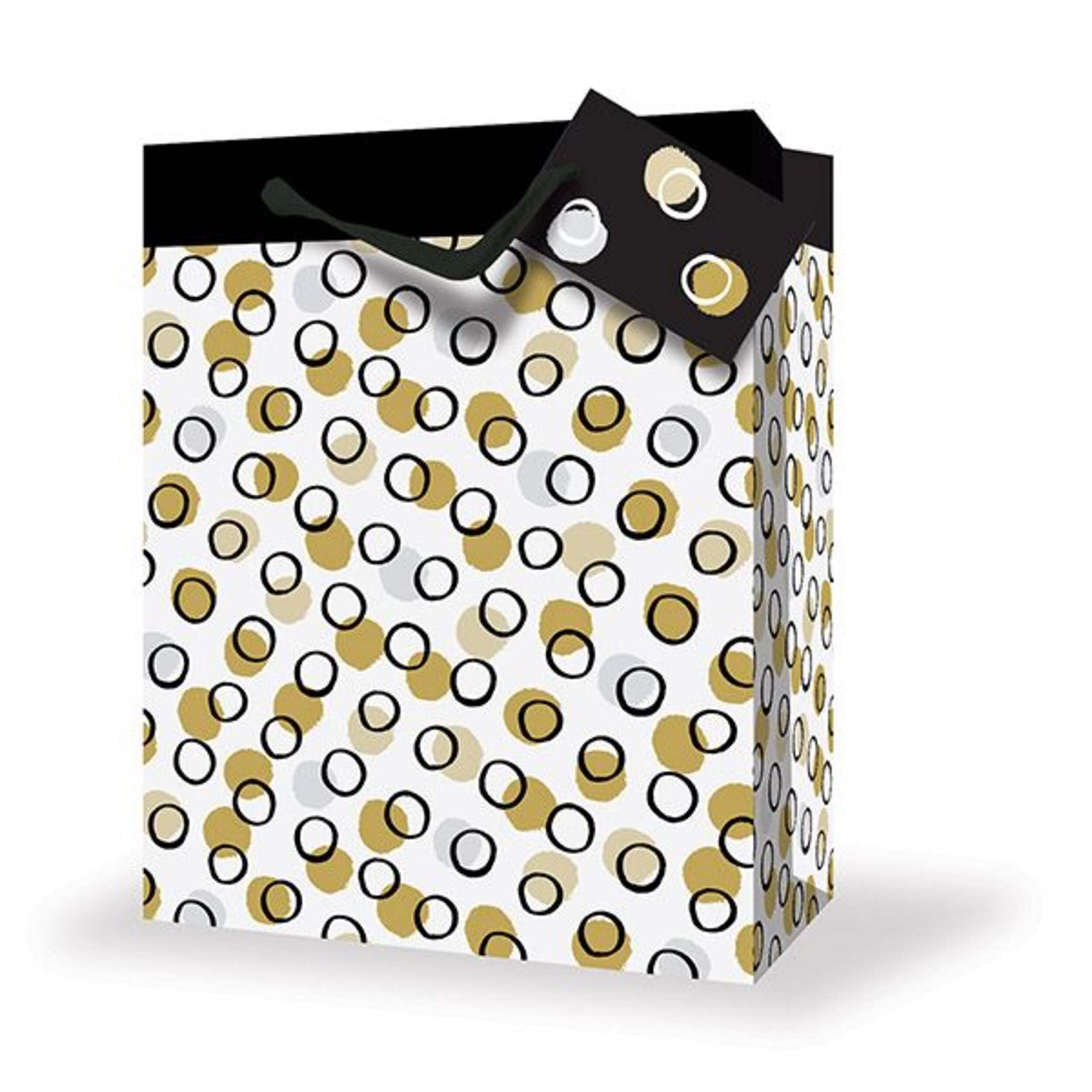 Gold and Black Polka Dot Paper Gift Bag, Medium, 7x9-in Front_Angled_Left