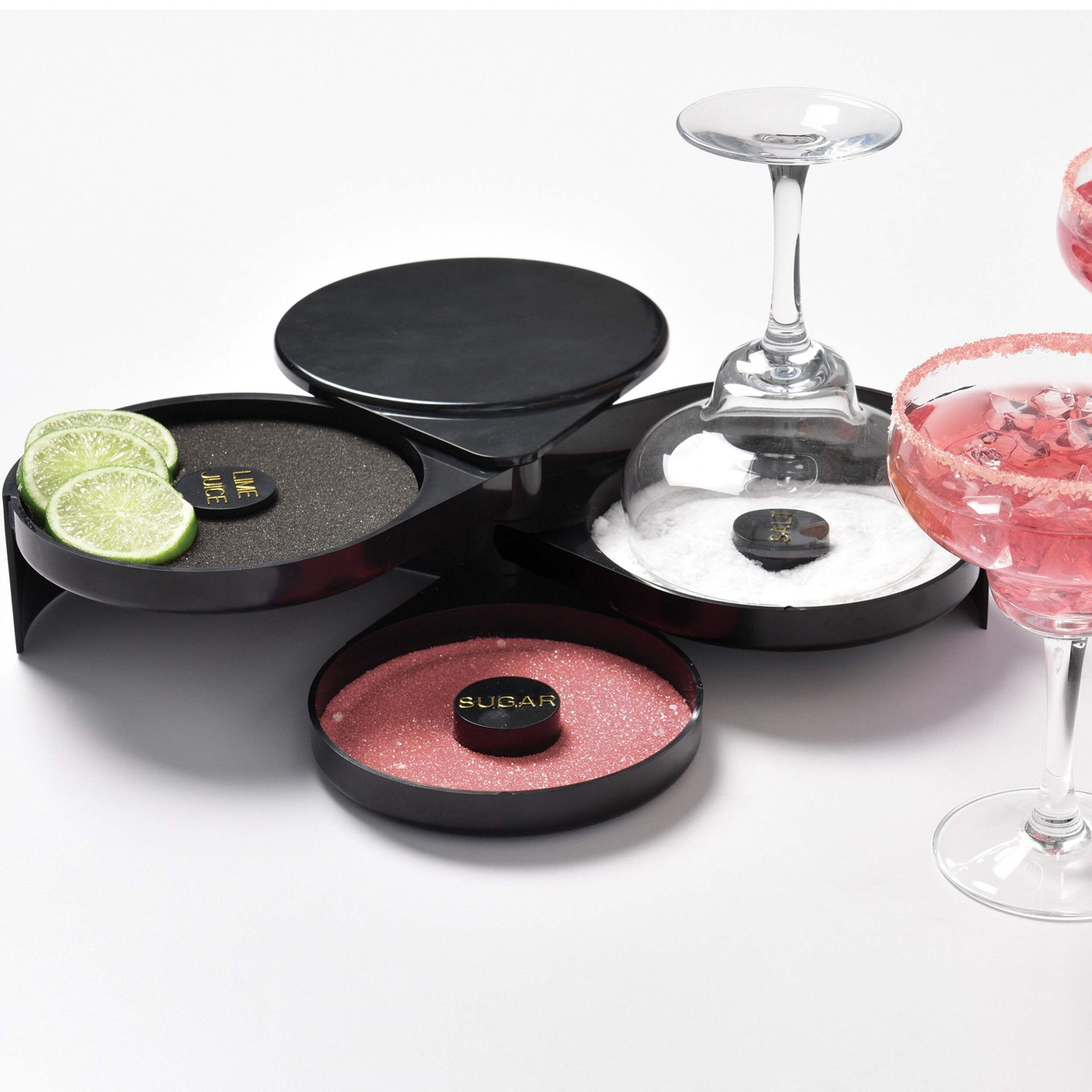 3-Tiered Plastic Cocktail Glass Rimmer, Black Overhead_Plunge