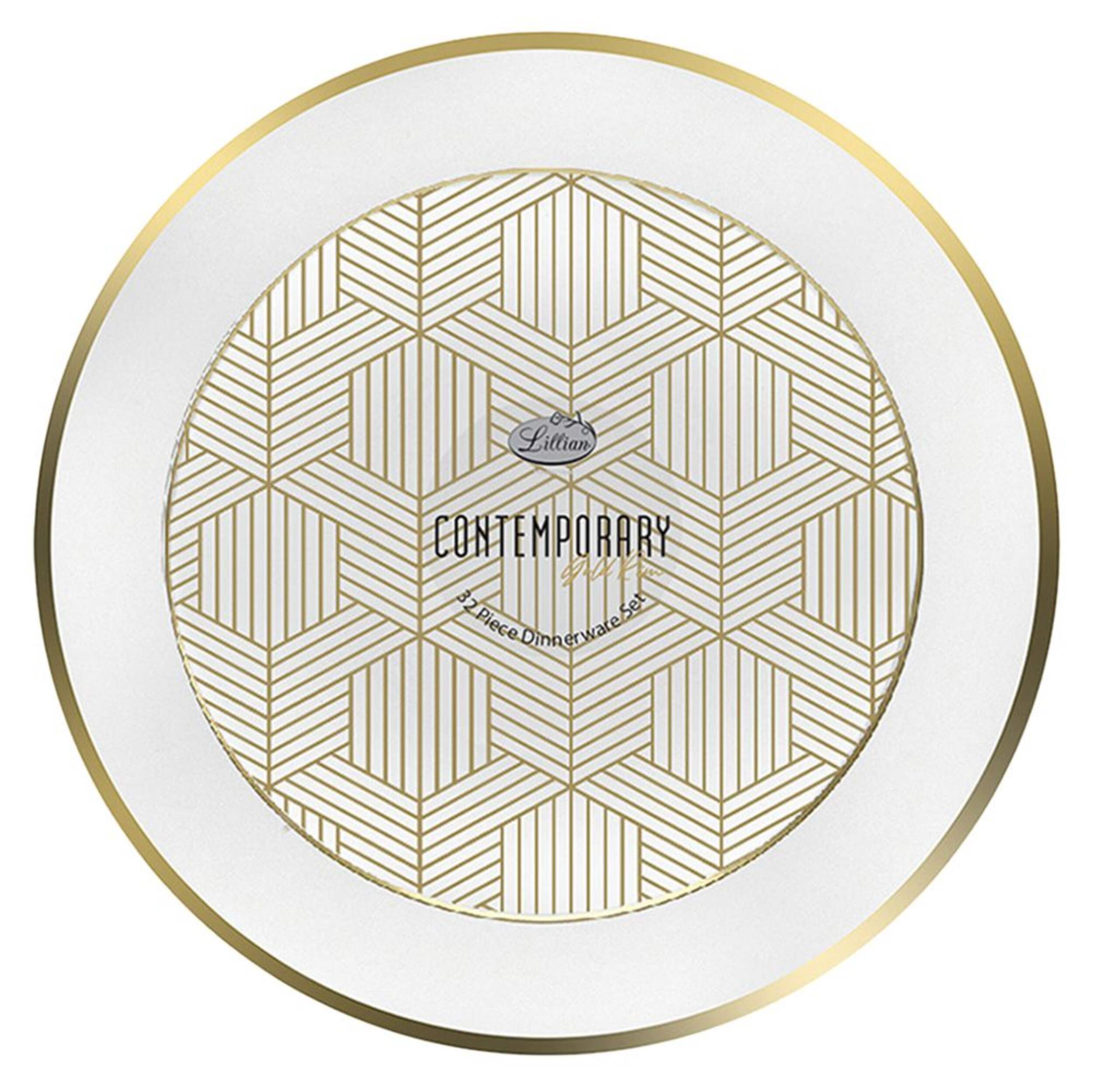 Lillian Tablesettings Combo Plate Set, White and Gold Geometric Overhead_Flat