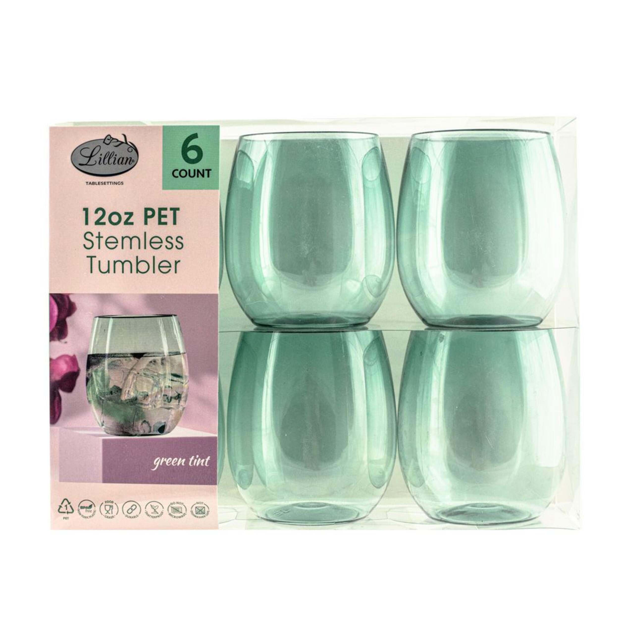 Lillian Tablesettings Stemless Glass, Green, 12-oz, 6-pk Front_Flat