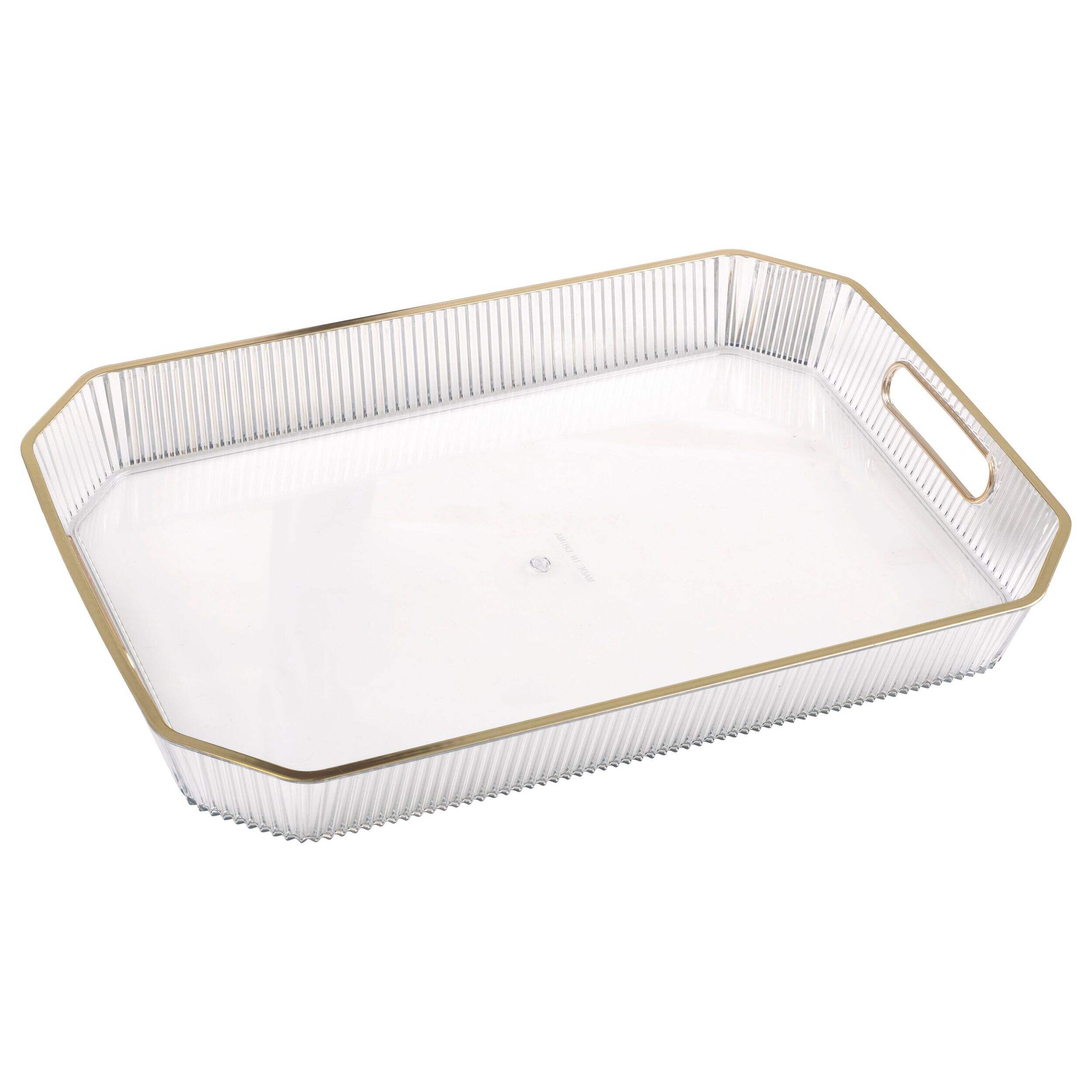 Plateau serv. plastique réutil., bord alu doré, transparent Front_Three_Fourths_Angled_Right