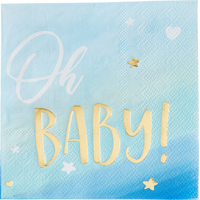 Oh Baby "Oh Baby!" Square Paper Disposable Beverage Napkins, Blue/Gold, 5-in, 16-pk, 2-ply, for Baby Shower/Gender Reveal Overhead_Flat