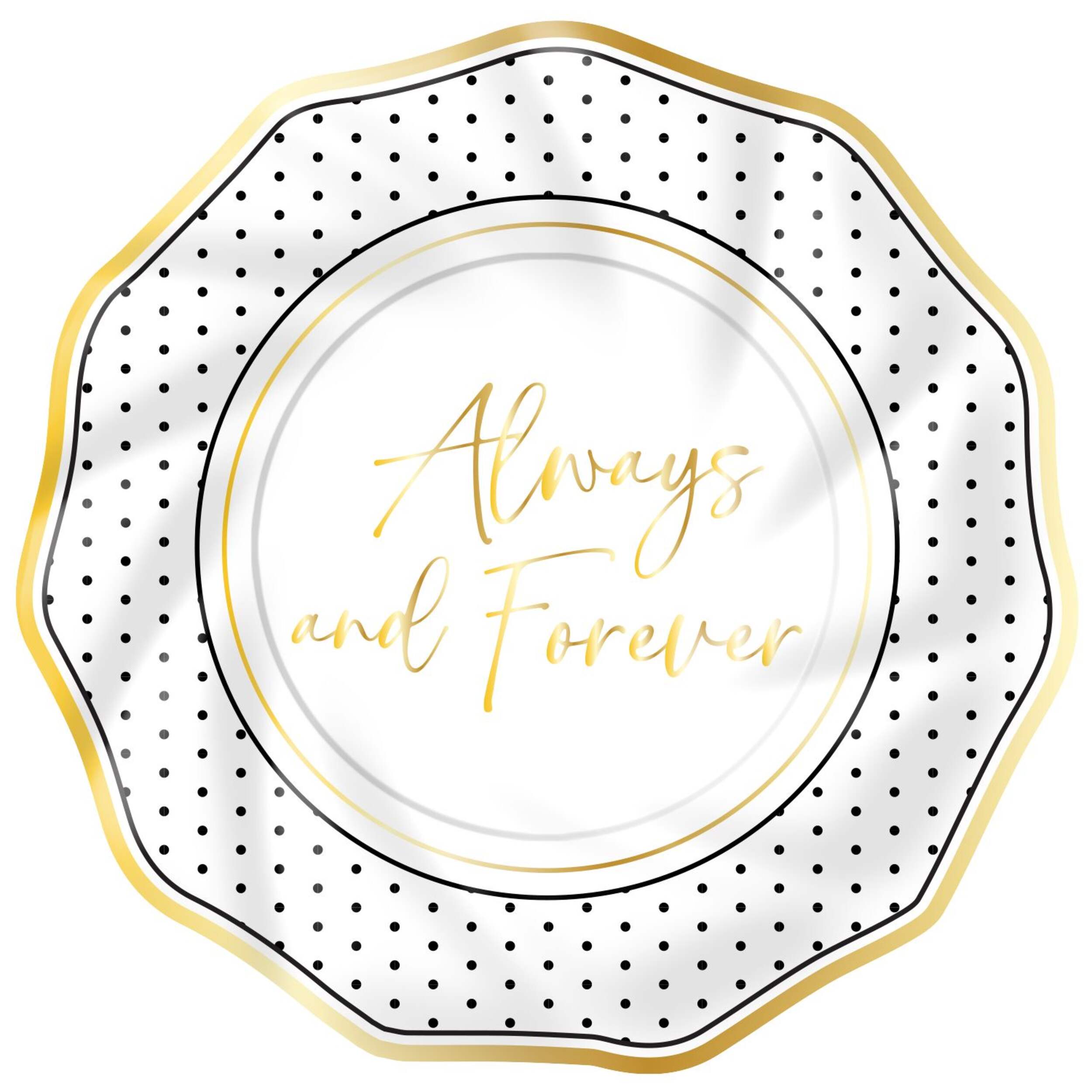 "Always and Forever" Ruffled Edge Disposable Salad Plate, White/Gold, 8-in, 8-pk, for Wedding Overhead_Flat