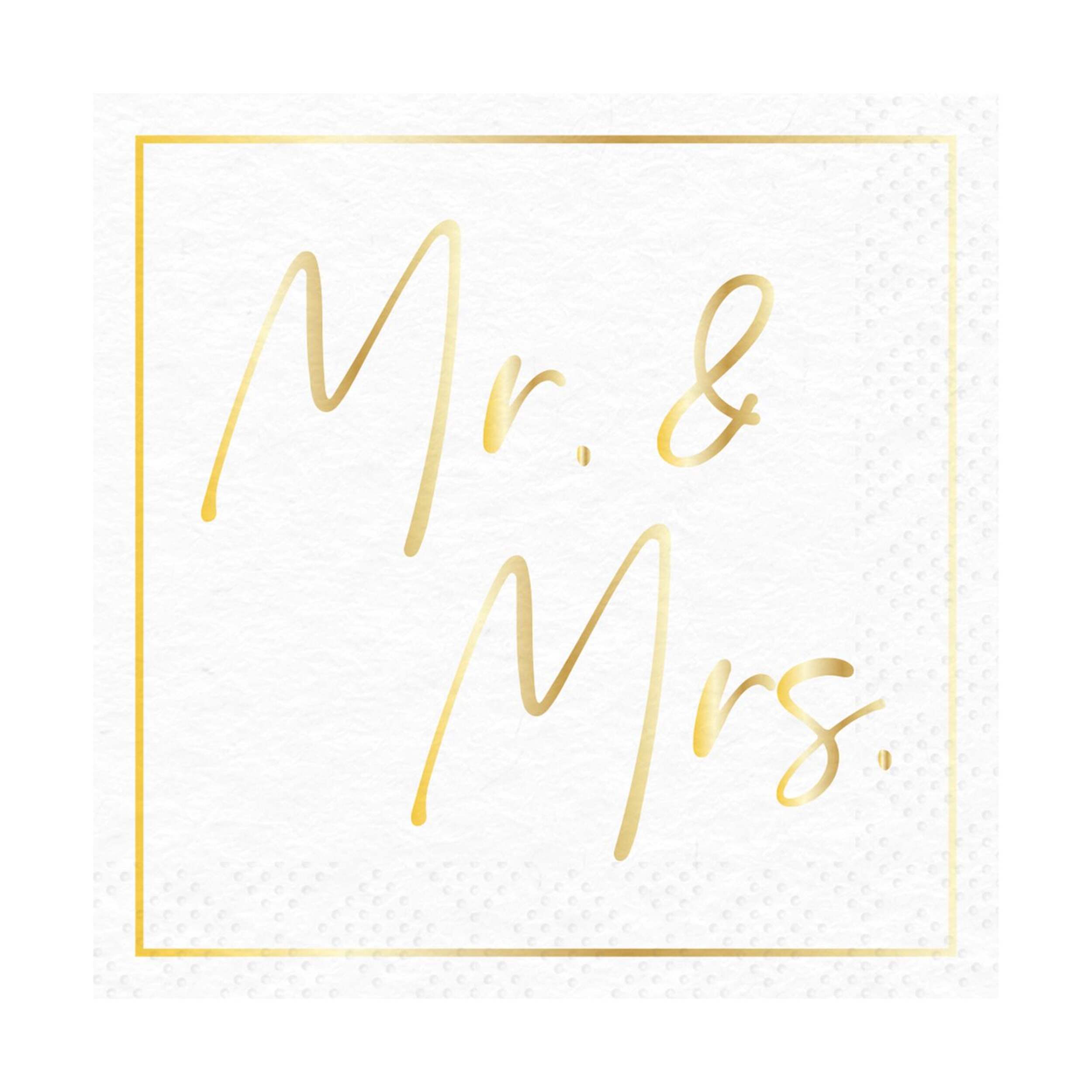 Serviette à cocktail jetable en papier Mr and Mrs, blanc/doré, 7 po, paq. 20, pour mariage Overhead_Flat