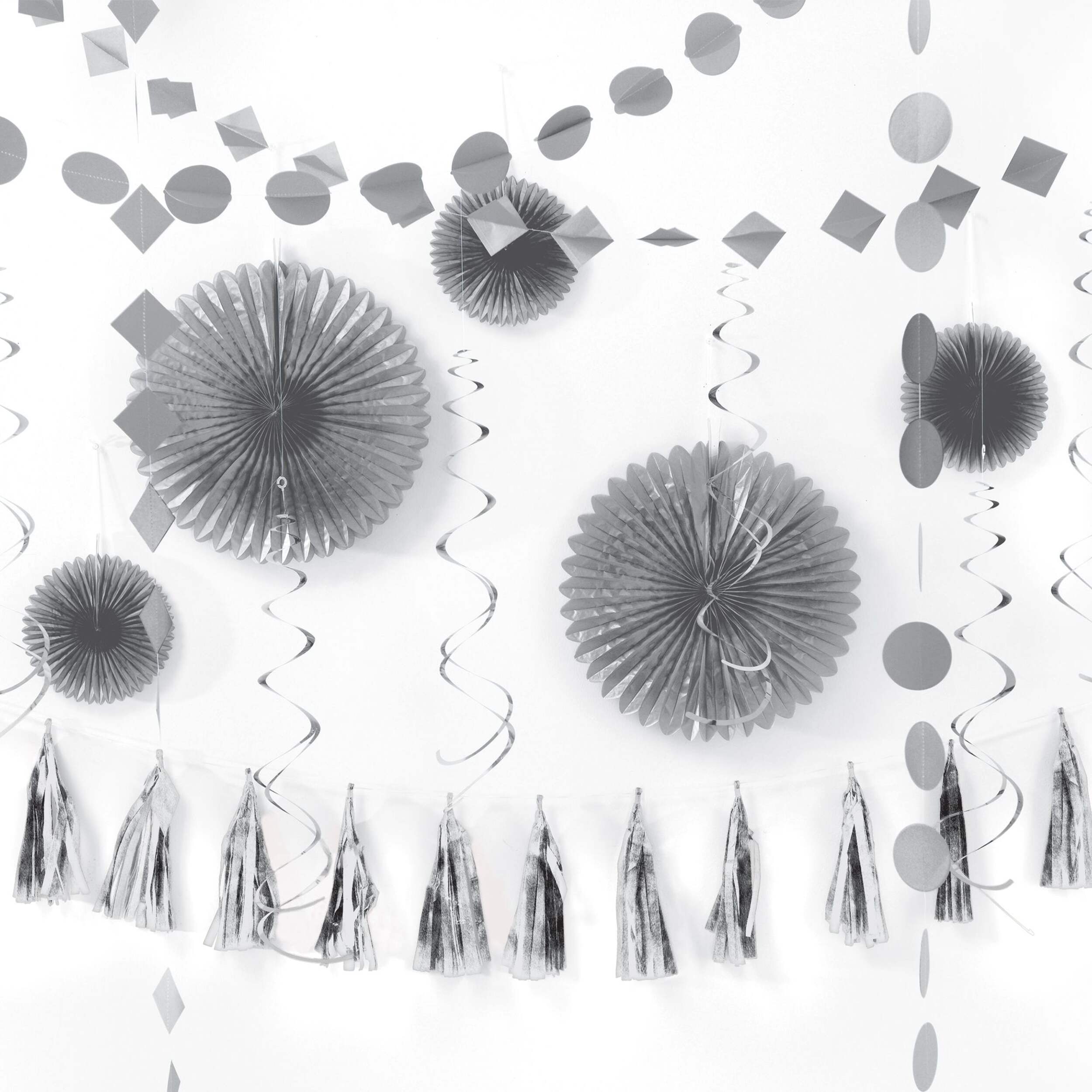 Hanging Paper Decoration Party Kit, Vibrant Silver, 16-pc Composite_or_Mixed