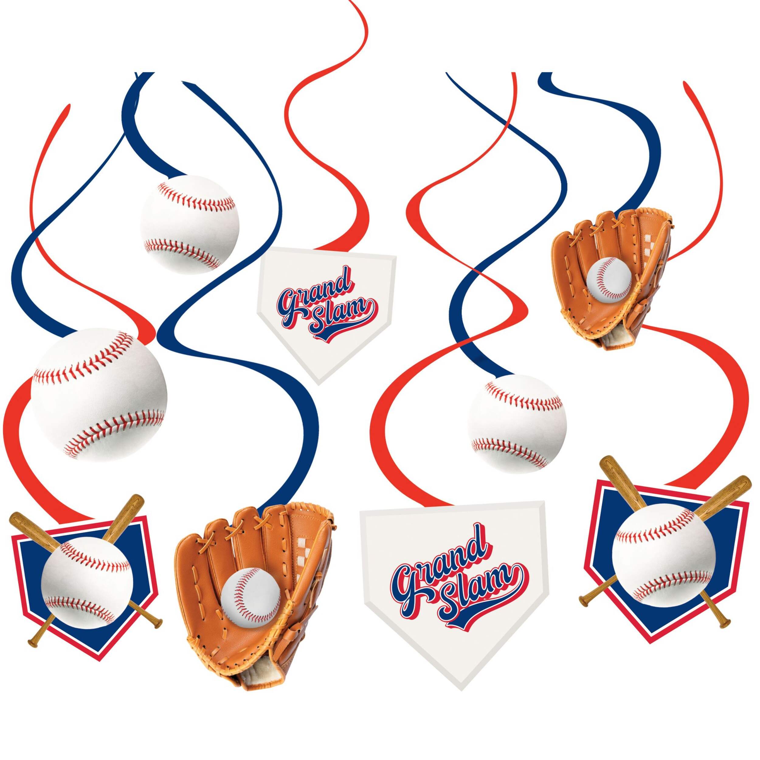 Amscan 10-in Baseball Paper Swirl Decorations, 12-pk Front_Flat