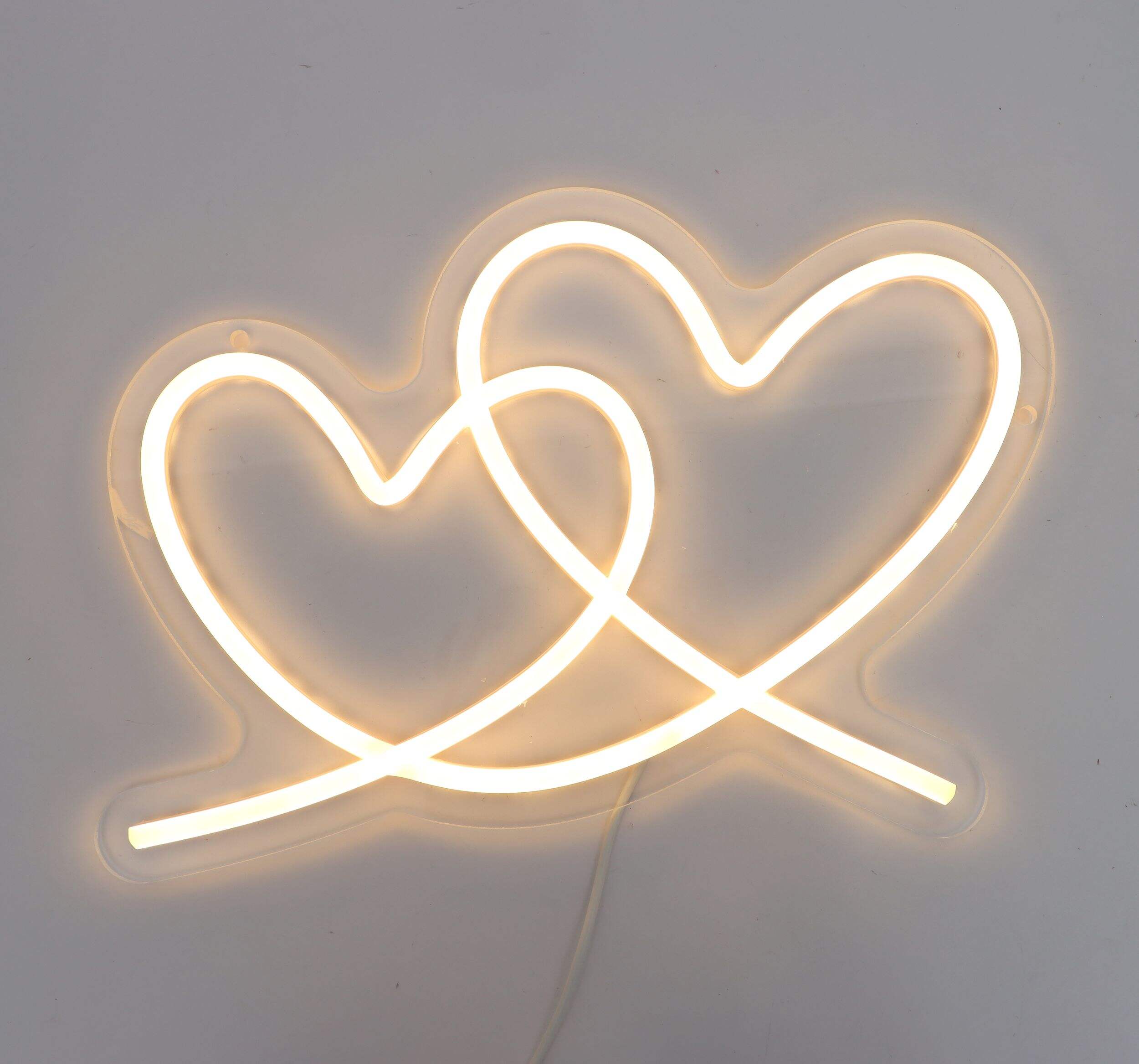 Enseigne décorative lumineuse à DEL néon double coeur, blanc, pour mariage Front_Flat