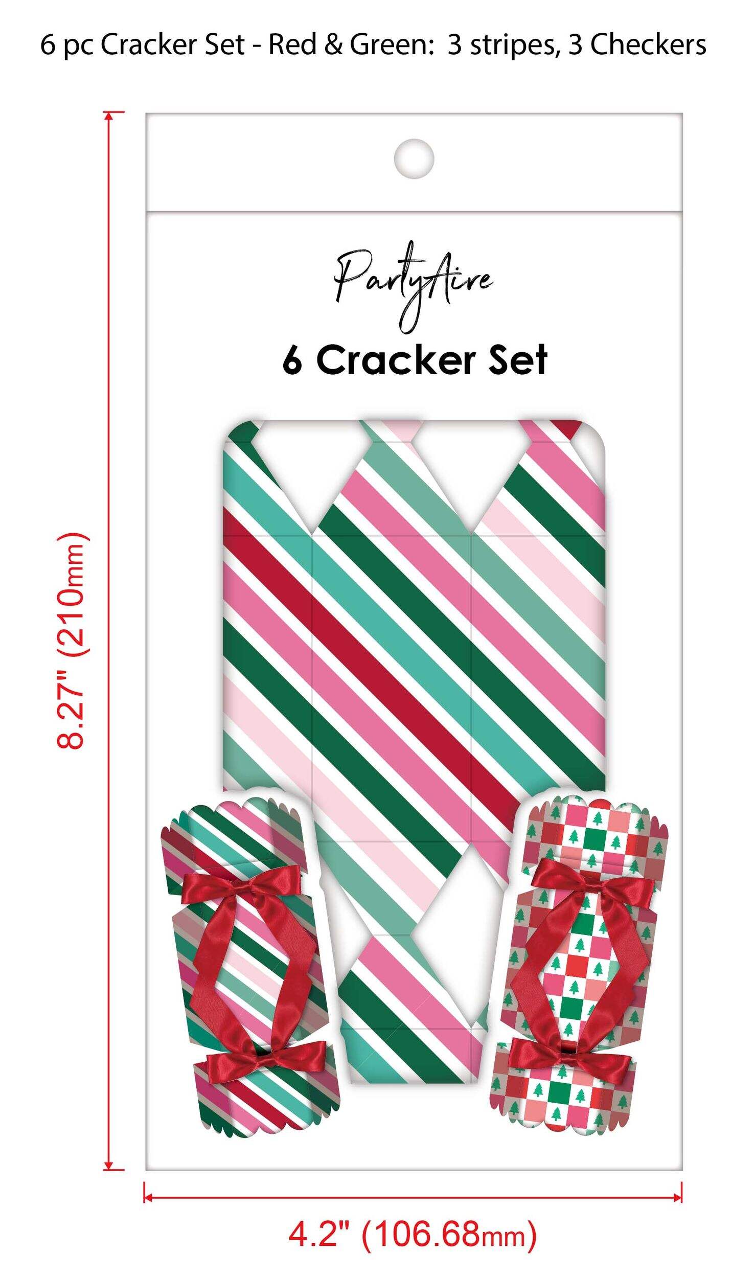 PartyAire Christmas Crackers Red and Green Stripes/Checkers, 6 Count Front_Flat