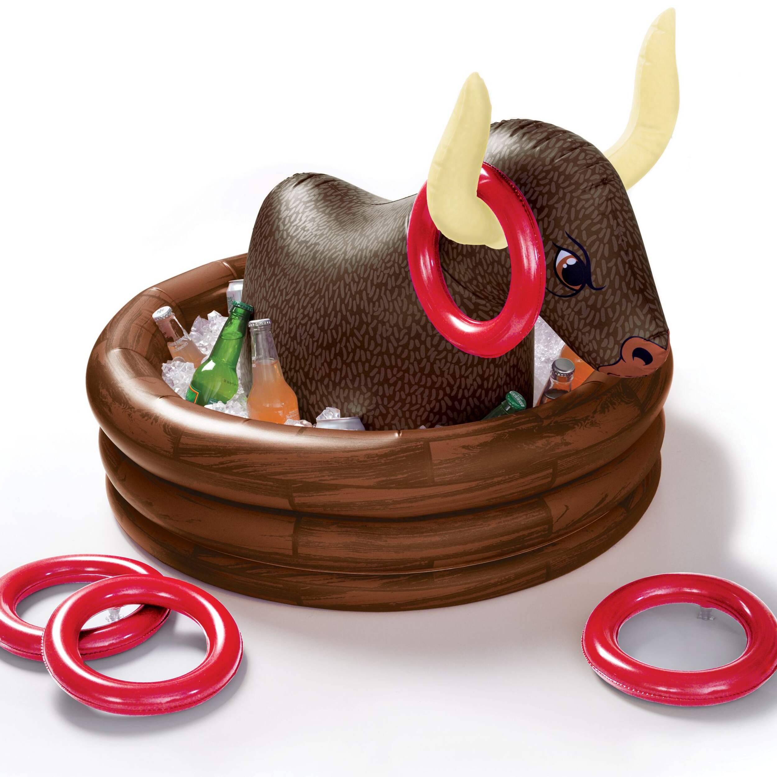 Glacière de boisson gonflable en forme de taureau Western avec jeu d'anneaux, gonflé d'air pour fête d'anniversaire, cowboy et western, marron Front_Elevated