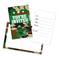 Invitations de fête You¿re Invited avec enveloppes sur la thématique de camouflage pour anniversaire et fête, paq. 8