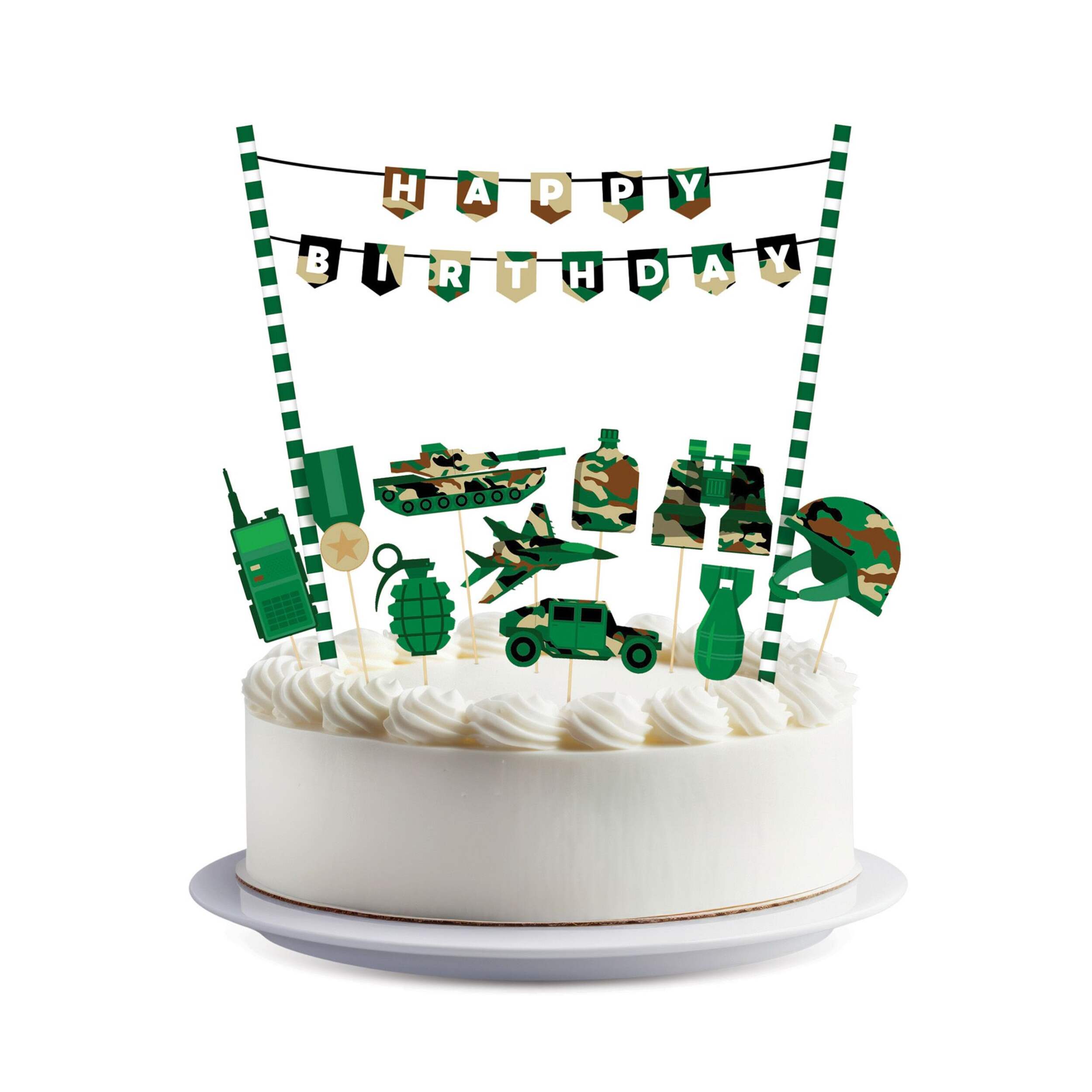 Army Themed "Happy Birthday" Cake Topper Kit, Camo, 11-pk, for Birthday Party Front_Elevated