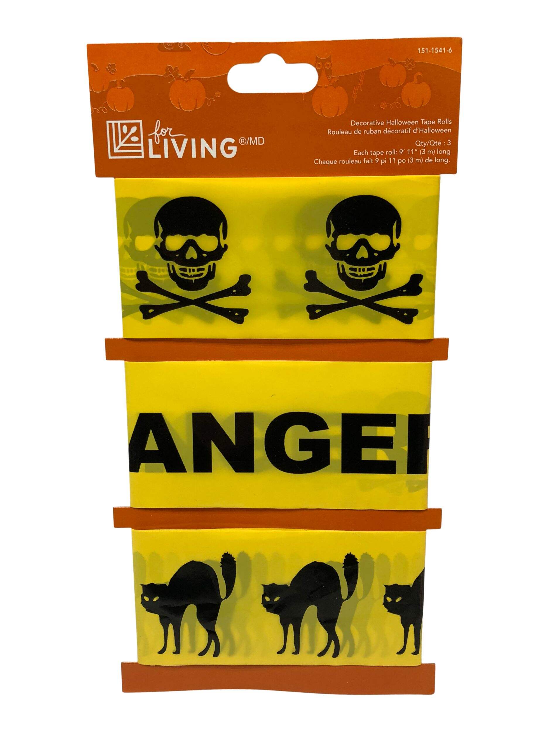For Living "Danger" 3-m Yellow Skull/Black Cat Caution Tape Halloween Decoration, 3-pk Front_Flat