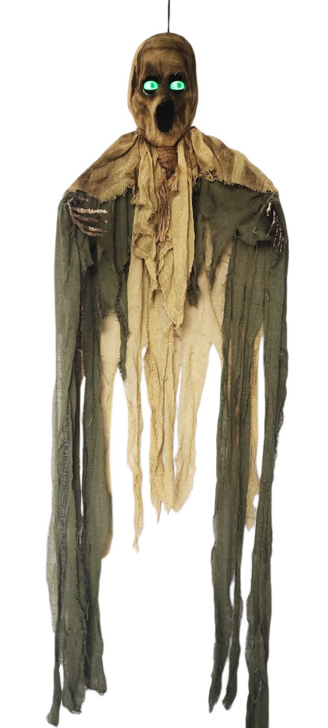 For Living Mummy Animated LED Light-Up Hanging Character with Batteries, Sound & Light Activated Indoor/Outdoor Decoration for Halloween, Beige/Green, 6-ft Front_Flat