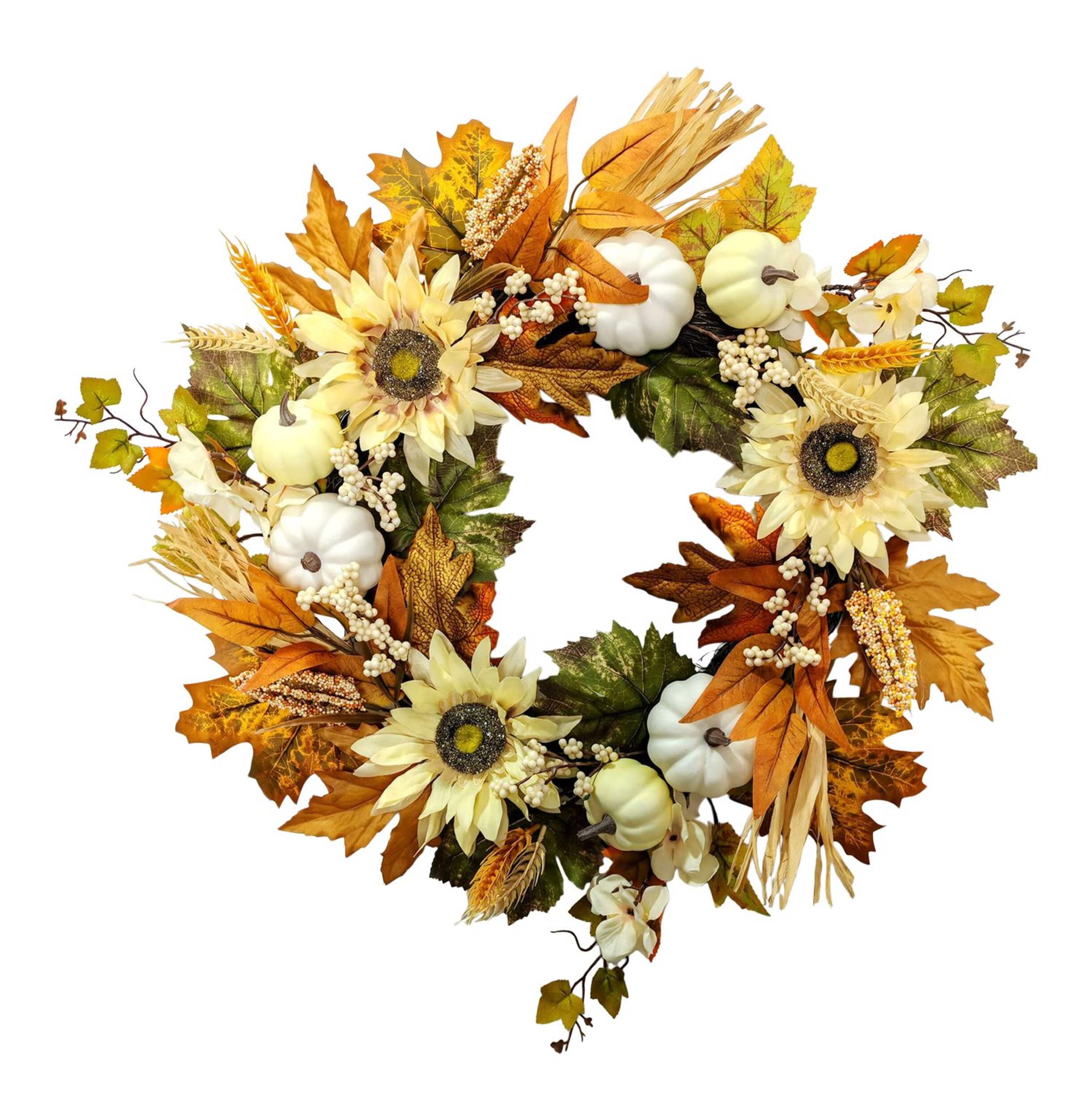 CANVAS Indoor/Outdoor Sunflower and Pumpkin Wreath, 24-in Front_Flat