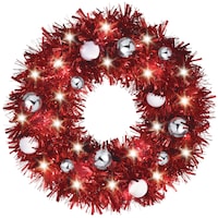 Christmas Light-Up Red Tinsel with Silver & White Bauble Wreath, 17-in Front_Flat
