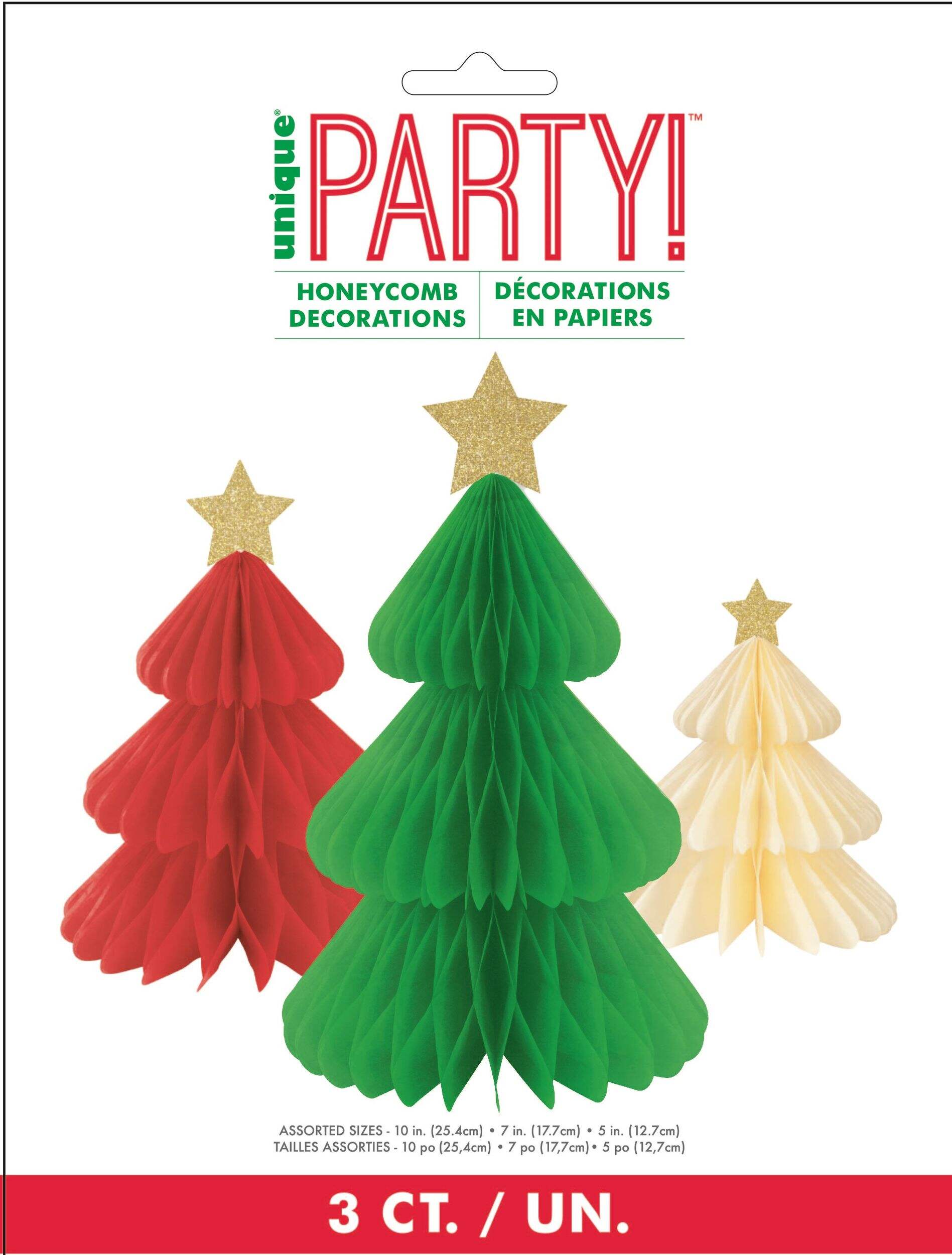 Christmas Coloured Gold Star Honeycomb Tree Table Centerpiece Kit, Red/Green/Cream, Assorted Sizes, 3-pk, Indoor Decoration for Christmas Front_Flat