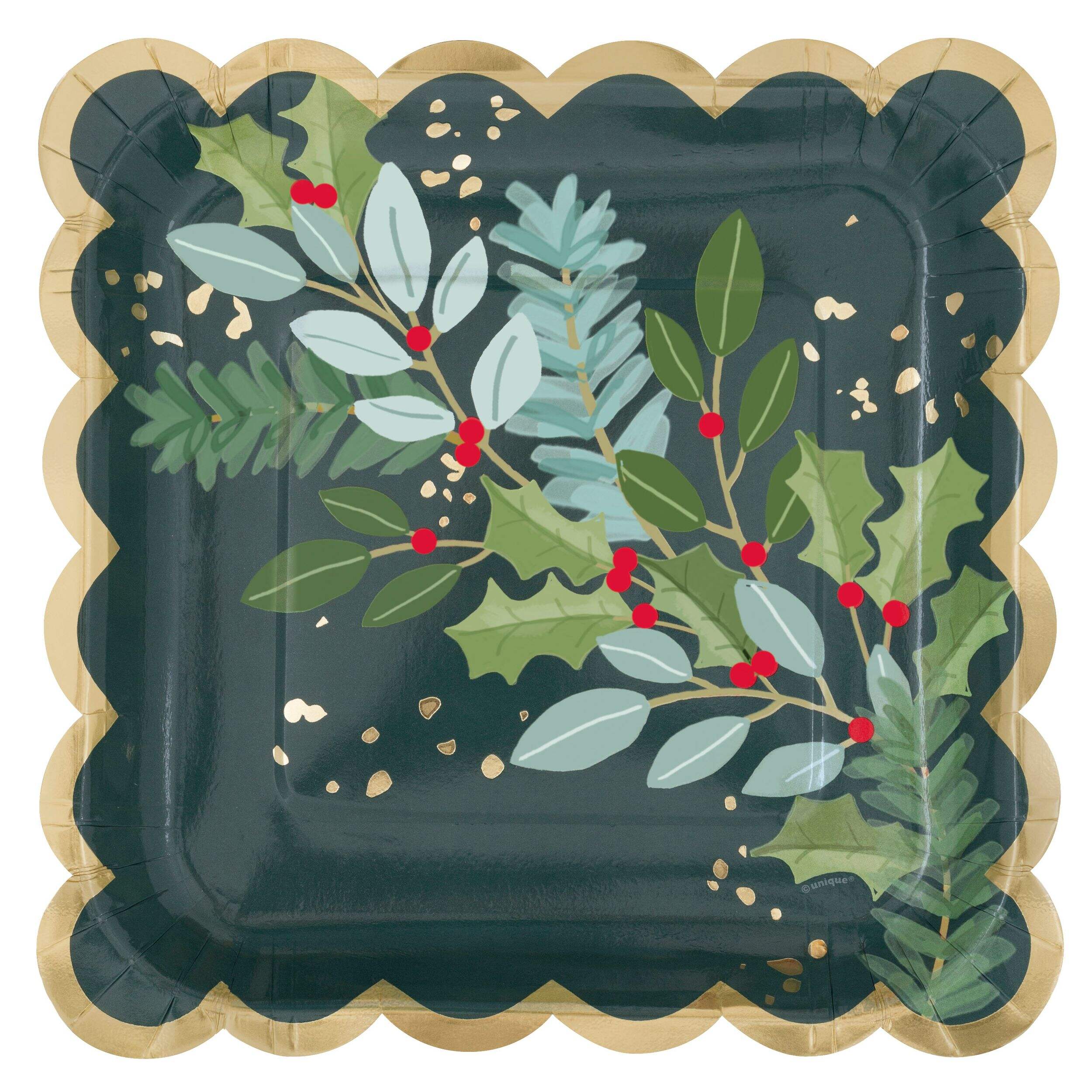 Christmas Holly Days Scalloped Paper Plates, 9-in, 8-ct Overhead_Flat