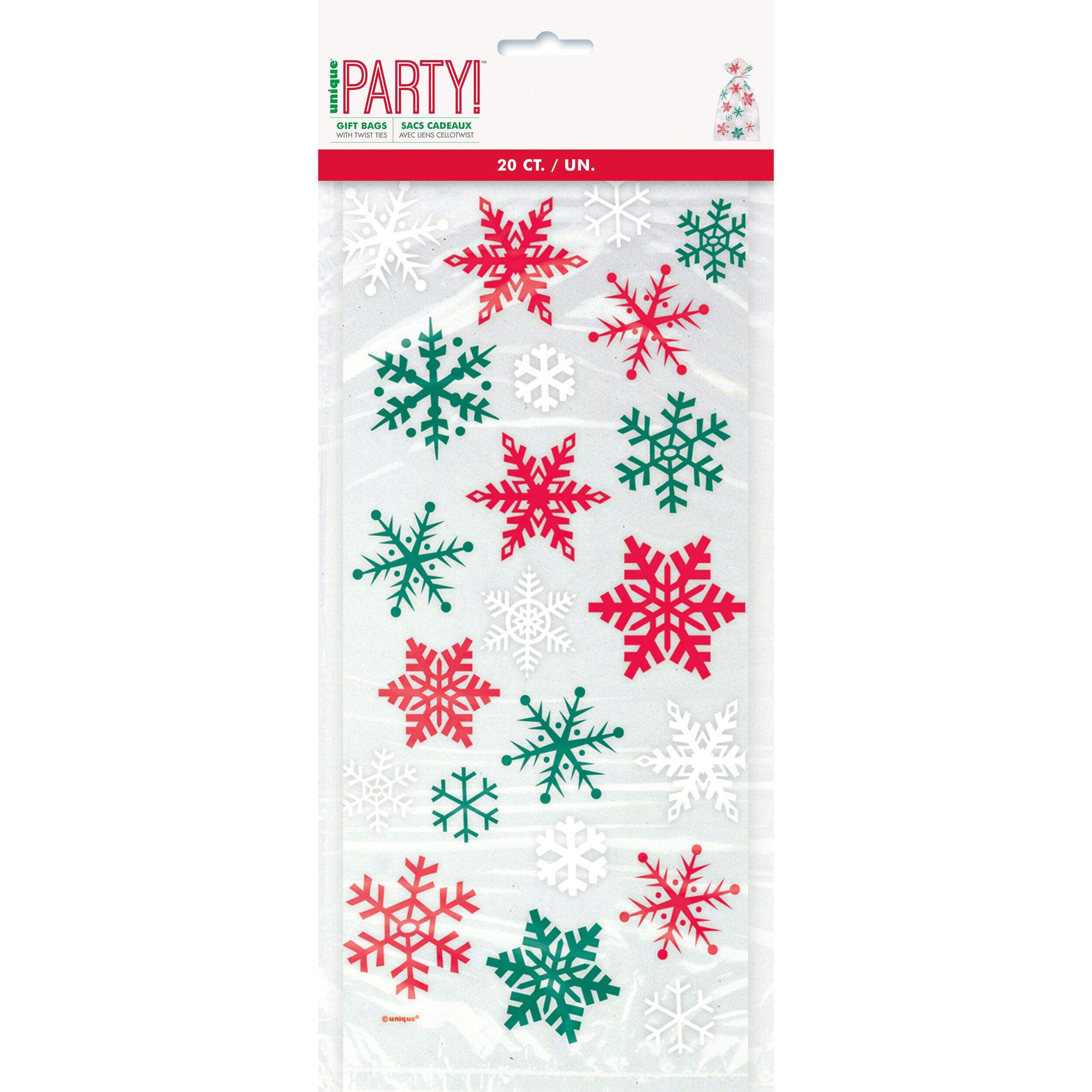 Snowflake Cello Transparent Party Favour Gift/Treat Bags with Twist Ties, Red/Green, 11-in,  20-pk, for Christmas Front_Flat