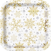Holiday Snowflake Square Paper Disposable Plates, Silver/Gold, 9-in, 8-pk, for Christmas Overhead_Flat
