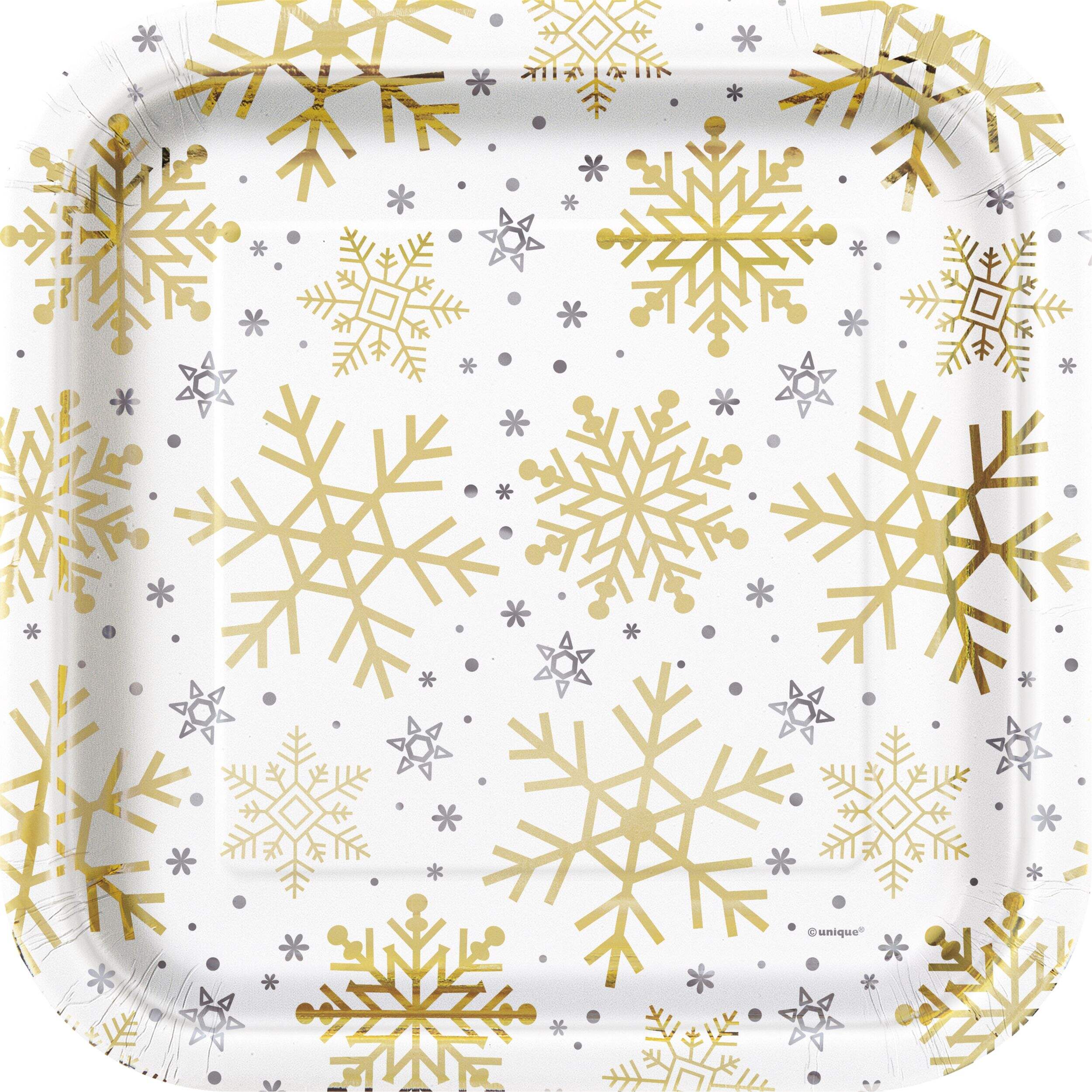 Assiettes carrées des fêtes jetables en papier flocons de neige, 9 po, argent/or, paq. 8, pour Noël Overhead_Flat