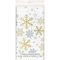 Holiday Snowflake Plastic Reusable Table Cover, Silver/Gold, 54x84-in, for Christmas