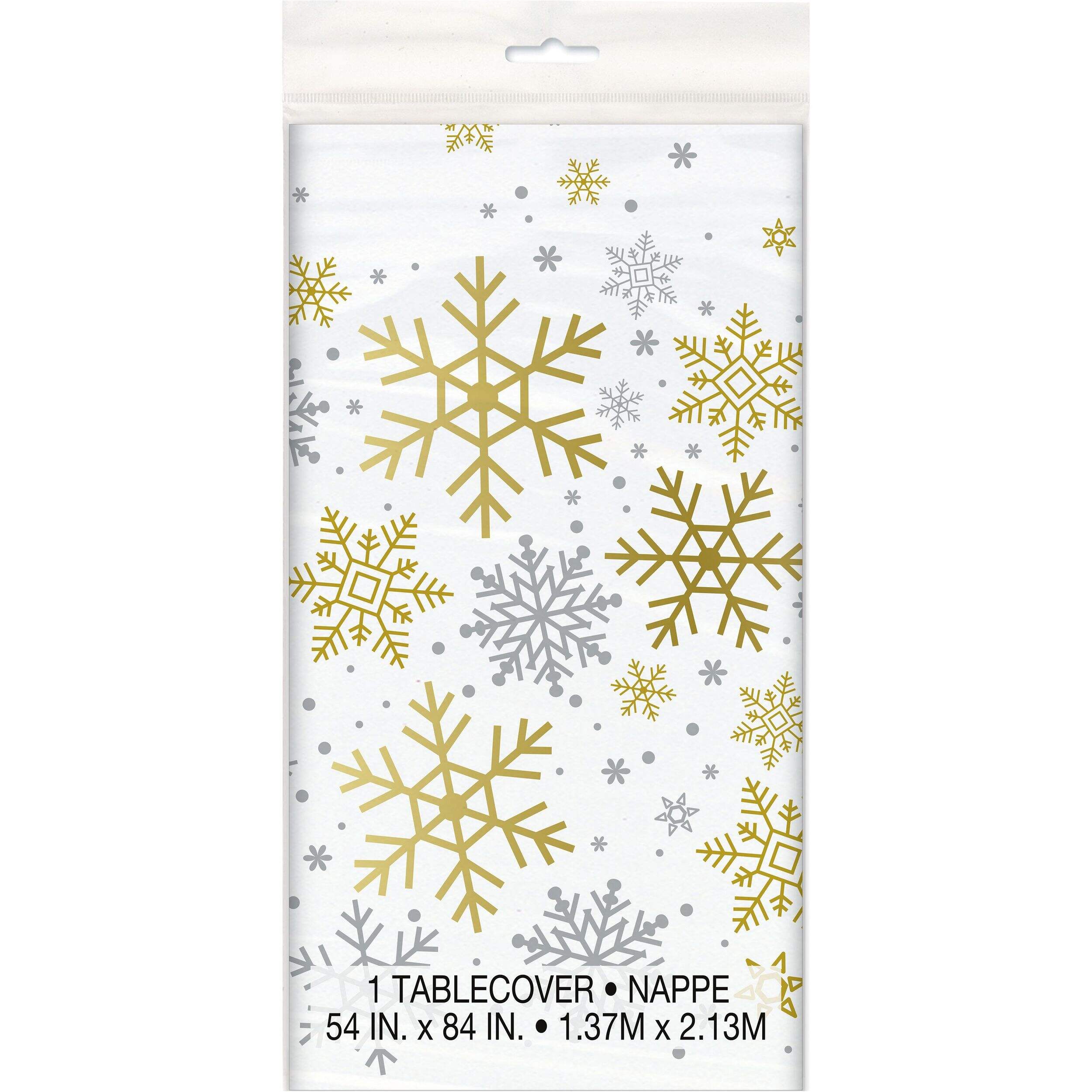 Holiday Snowflake Plastic Reusable Table Cover, Silver/Gold, 54x84-in, for Christmas Front_Flat