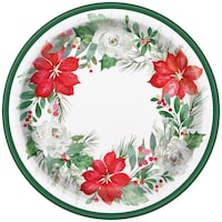 Traditional Poinsettia Round Paper Disposable Dessert Plates, Green/White, 7-in, 20-pk, for Christmas