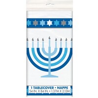 Starry Rectangle Plastic Reusable Table Cover, White/Blue, 54x108-in, for Hanukkah Front_Flat