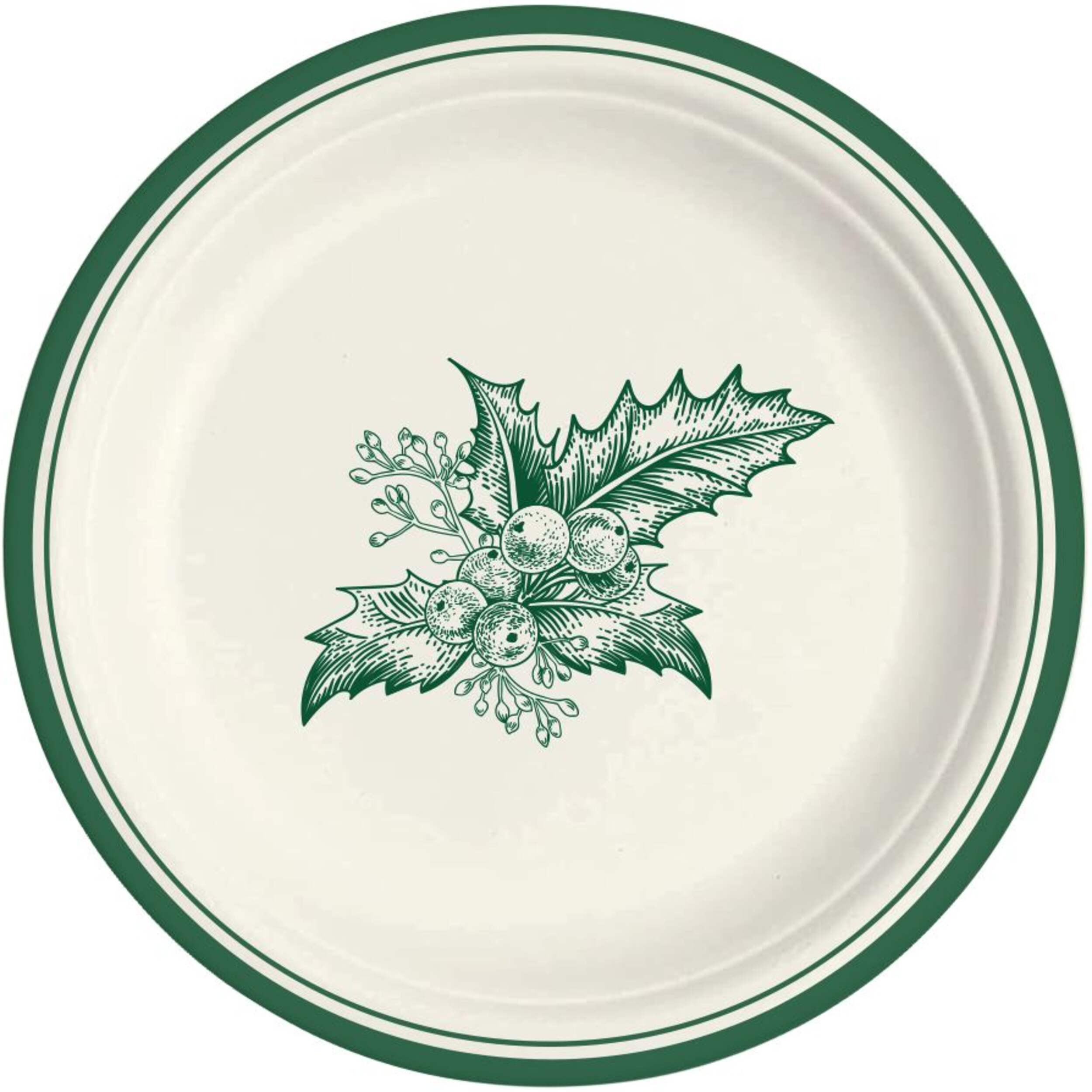 Christmas Foliage 7-in Round Green/White Disposable Paper Lunch Plates, 20-pk Overhead_Flat