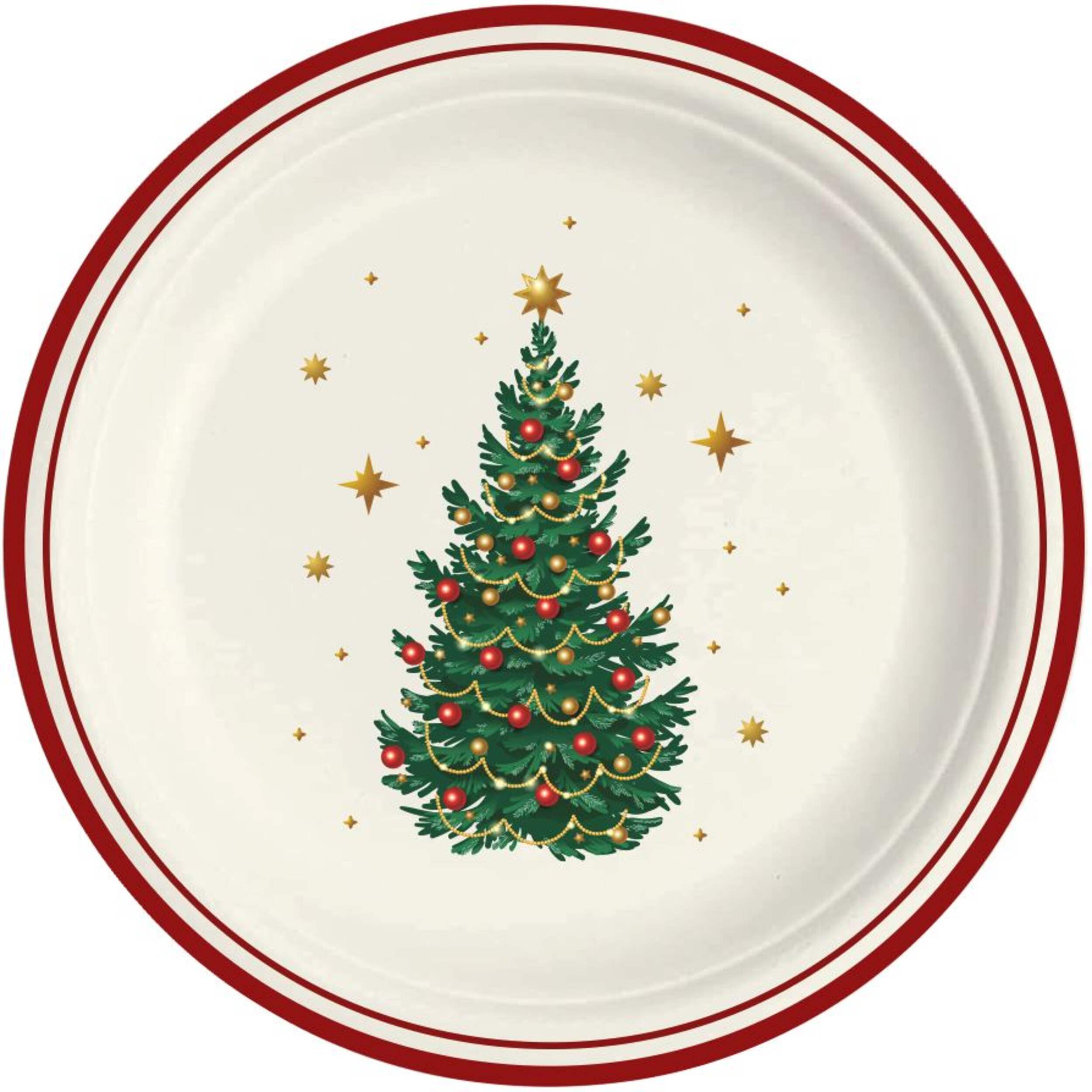 Ornate Tree 7-in Round Red/White Disposable Paper Lunch Plates, 20-pk Overhead_Flat