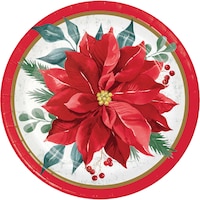 Festive Floral Round Paper Disposable Lunch Plates, Multi-Coloured, 7-in, 8-pk, for Christmas Overhead_Flat