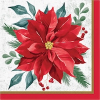 Festive Floral Square Paper Disposable Lunch Napkins, Multi-Coloured, 6.5-in, 16-pk, for Christmas Overhead_Flat