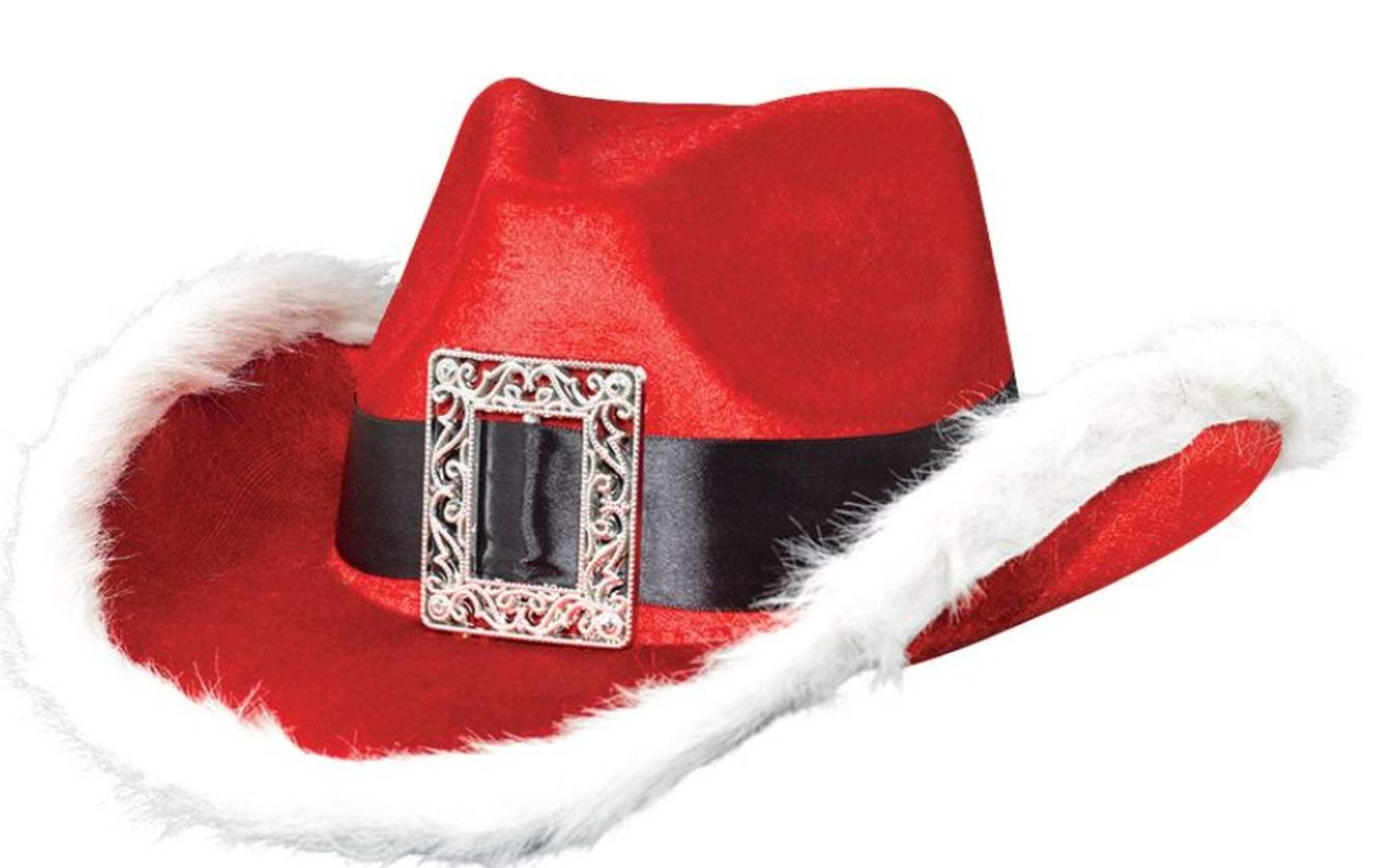 Chapeau de cowboy père Noël, rouge/blanc/noir, adulte, taille unique, accessoire de costume prêt-à-porter pour Noël Front_Three_Fourths_Angled_Left