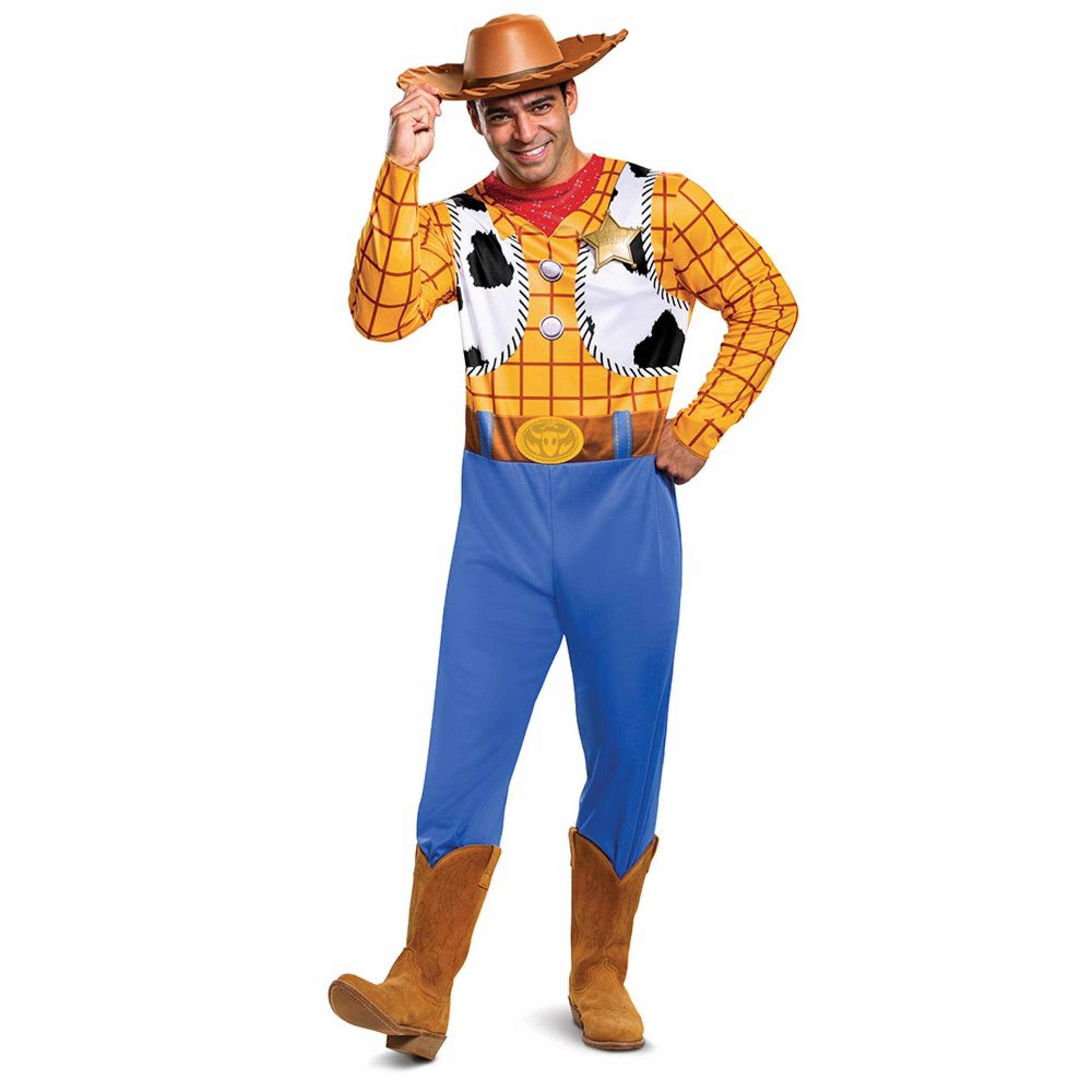 Woody Jumpsuit Halloween Costume with Hat and Badge, Adult, L/XL Front_Flat