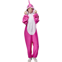 Baby Shark Women's Mommy Zip Up Onesie Halloween Costume with Hood, Pink/White, Adult, S/M Front_Flat