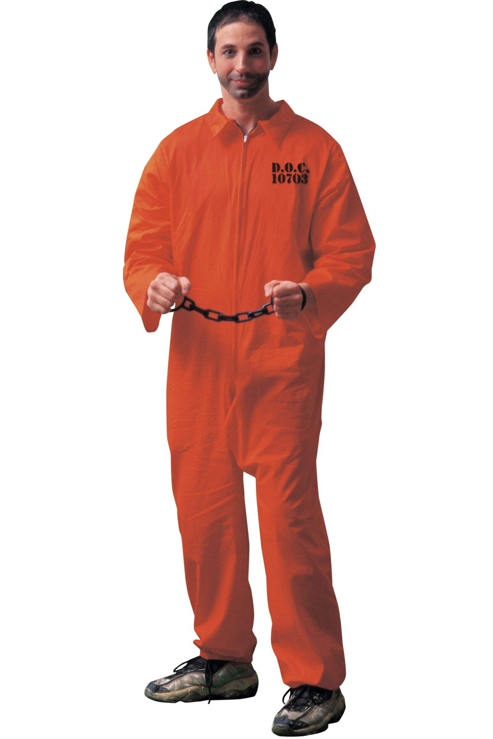 Jailbird Jumpsuit Halloween Costume wth Hand Cuffs, Orange, Adult, Standard Front_Angled_Left