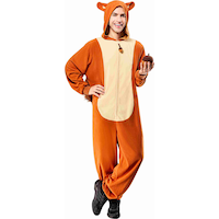 Squirrel Zip Up Onesie Halloween Costume with Hood and Tail, Brown, Adult, Assorted Sizes Front_Angled_Left
