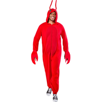 Lobster Onesie Halloween Costume with Claw Mittens, Red, Adult, Assorted Sizes Front_Angled_Left