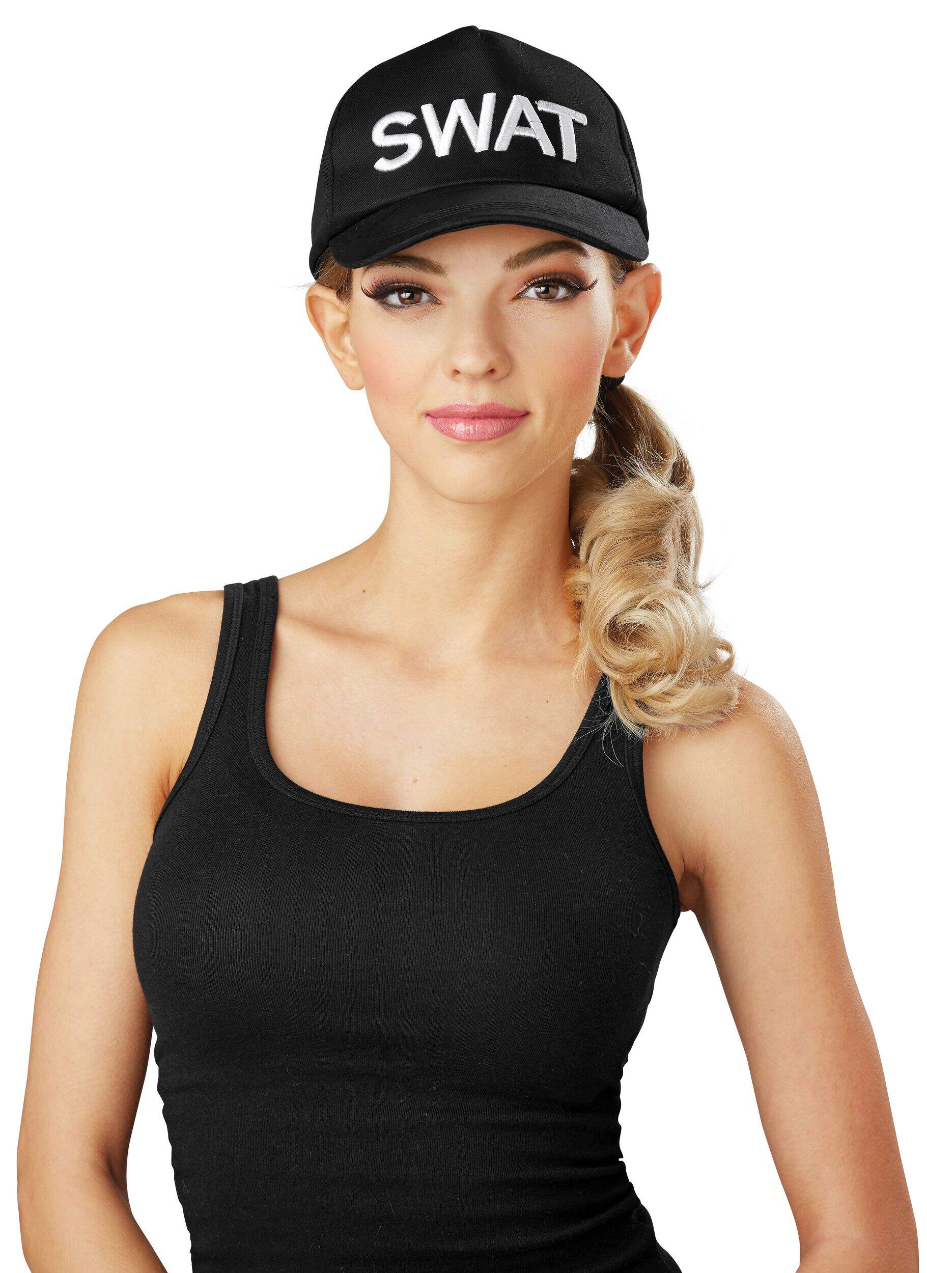 "S.W.A.T Cop" Baseball Hat, Black, One Size, Wearable Costume Accessory for Halloween Front_Flat