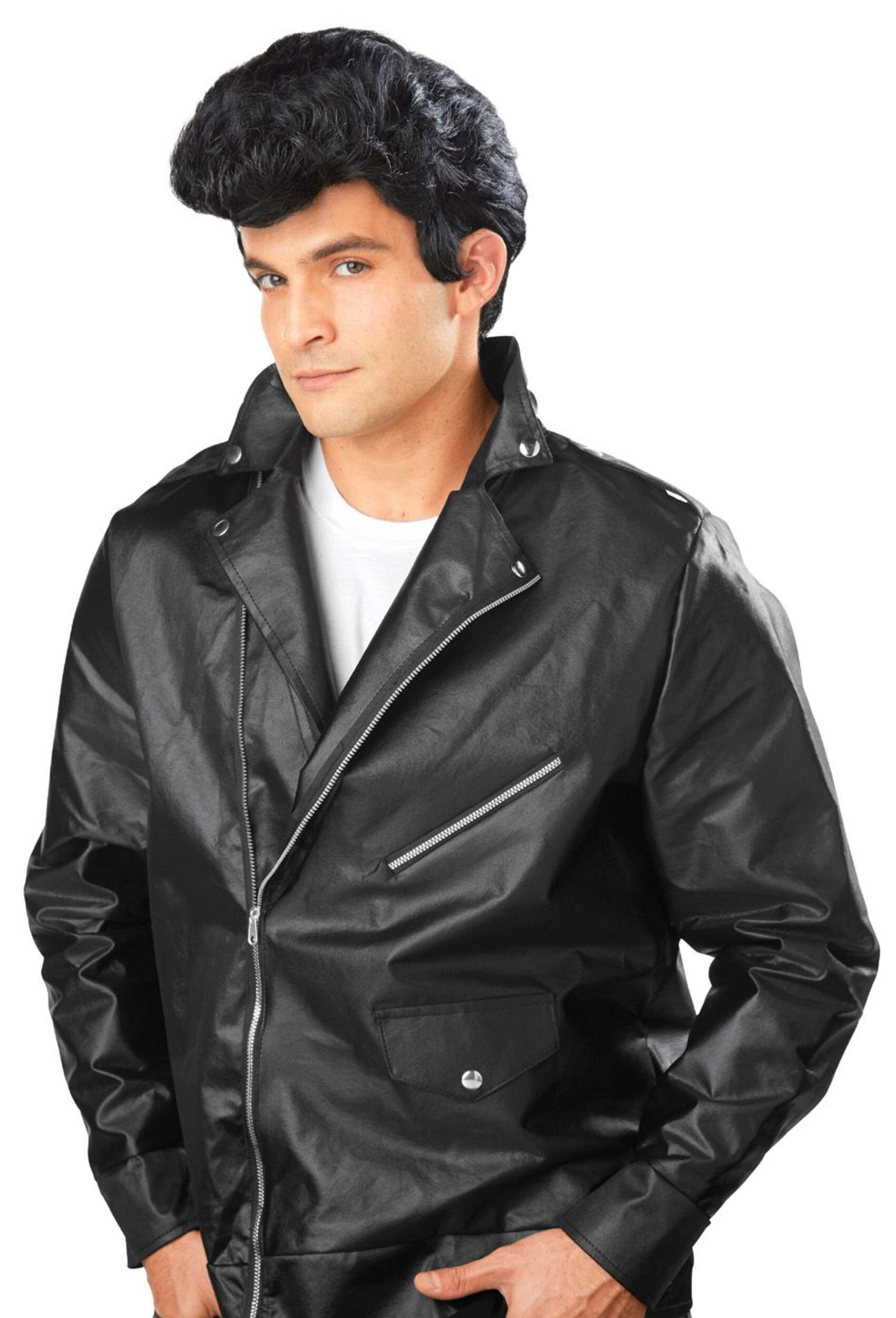 Grease Danny Zuko Short Sideburn Hair Wig, Black, One Size, Wearable Costume Accessory for Halloween Front_Angled_Left