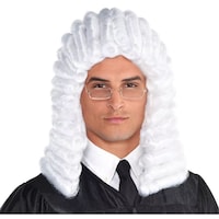 Judge Shoulder Length Curly Hair Wig, White, One Size, Wearable Costume Accessory for Halloween Front_Elevated