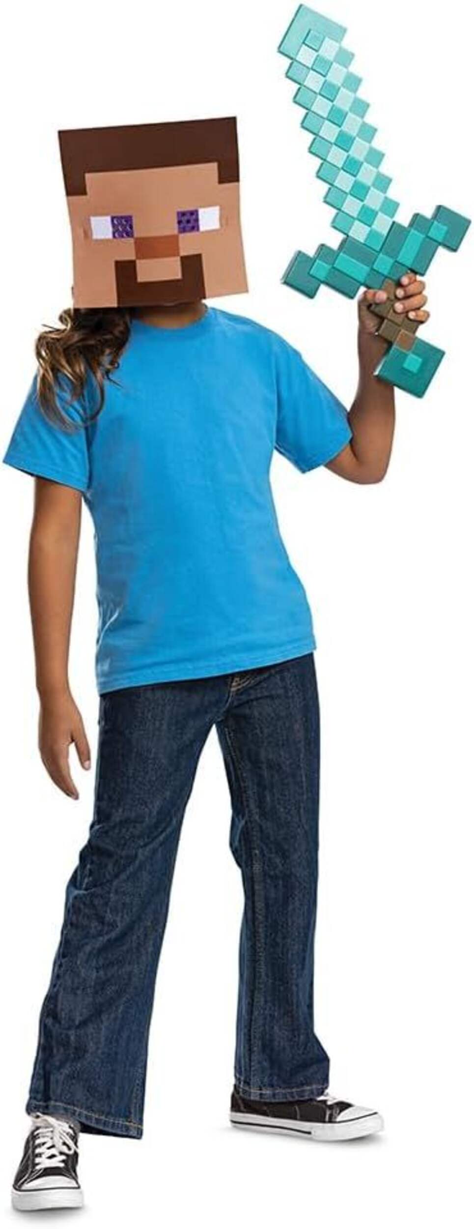 Minecraft Diamond Sword Pixelated Squares Weapon, Blue, 20-in, Wearable Costume Accessory for Halloween Front_Three_Fourths_Angled_Right